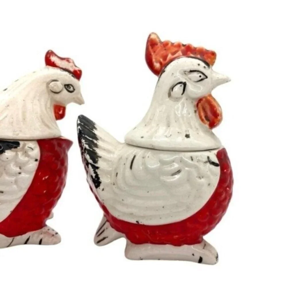 Vintage Artmark Japan Hen & Rooster Cream Sugar Bowl Salt Pepper Shaker